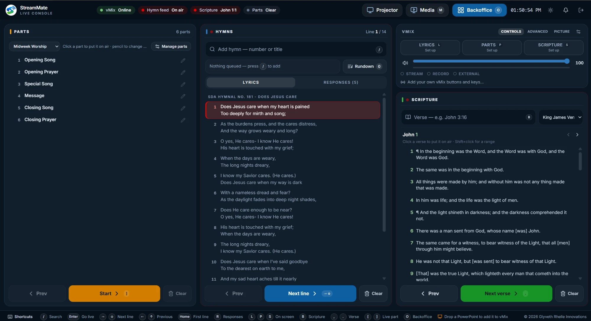 The StreamMate Live console: parts, hymns, the vMix panel and Scripture